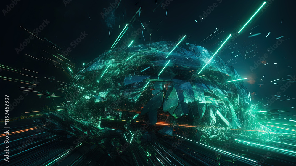 Poster Abstract light streaks in a dynamic digital space with glowing green elements