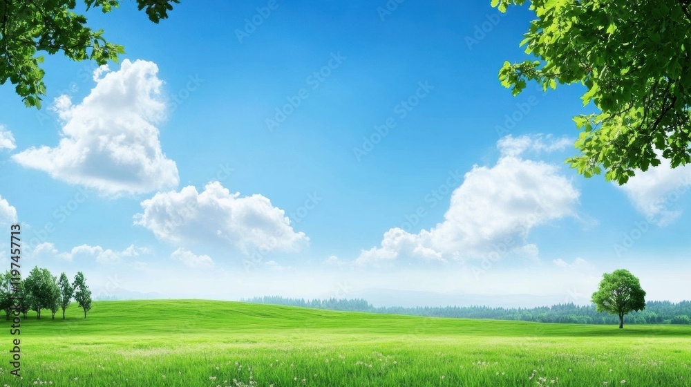 Poster Beautiful landscape with green fields under a bright blue sky featuring fluffy clouds and natural scenery suitable for text. Generative AI