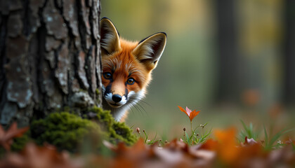 Obraz premium Curious Red Fox Peeks Playfully Behind Tree in Misty Autumn Forest