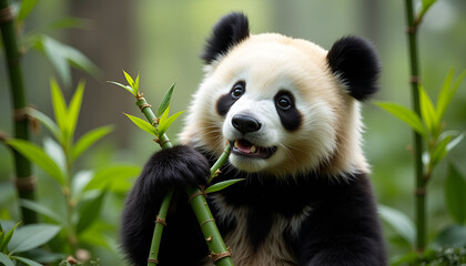 Fototapeta premium Adorable Young Panda Bear Contentedly Munching Bamboo in Natural Habitat
