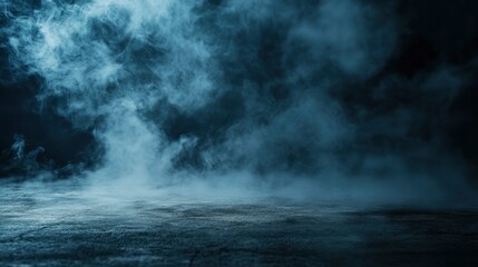 Dark background, smoke and fog on the ground, concrete floor, product display backdrop. 