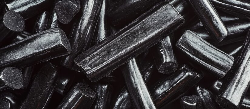 Black Salty Licorice Candy Detail Shot on Dark Background with Empty Copyspace for Textual Content and Close-Up Perspective