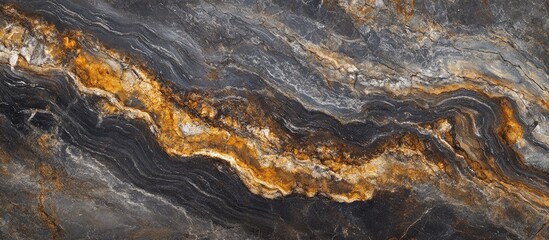 Black marble surface featuring natural golden veining with ample empty copyspace for text, dark gray and gold tones, top-down view, elegant texture.