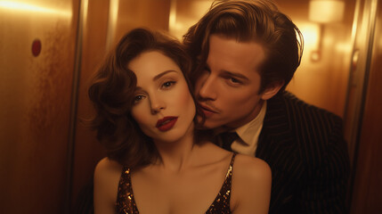 Passionate young beautiful couple kissing intensely in an empty elevator, adult erotic book cover © Neat Design Studio