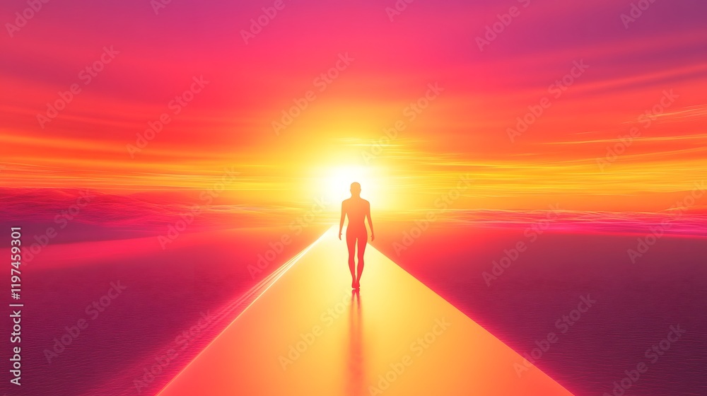 Poster ethereal journey of solitude: a silhouette walking towards a vibrant sunset over an expansive landsc