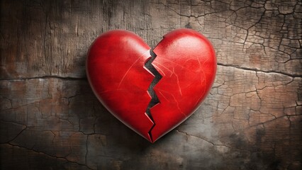 A symbolic image of a broken red heart lying on a rough, cracked wooden surface, representing heartbreak and loss.
