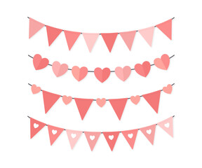 Set of red and pink triangle flags and hearts garland vector, isolated party decorative elements
