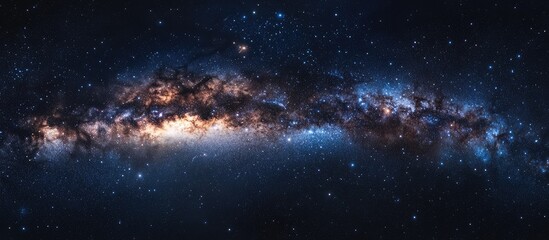 Fototapeta premium Vast deep space panorama featuring a vibrant galaxy with a prominent planet and numerous stars, dark blue and black tones with ample copy space.