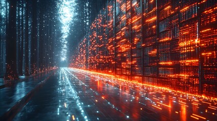 Futuristic Library with Glowing Books Transforming into Digital Streams Knowledge Sharing Concept