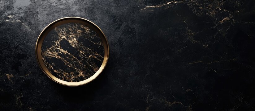 Black Marble Surface Top View with Gold Veins and Circular Plate for Product Display, Dark Background with Copyspace for Text
