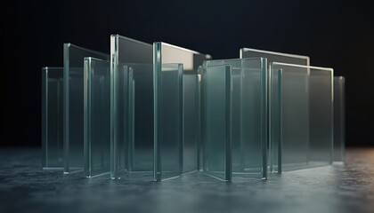 Obraz premium Abstract arrangement of transparent glass panels with soft lighting and reflections in the style of 3D glassmorphism