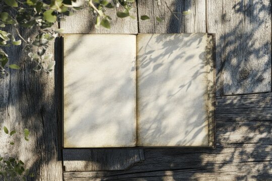 Open empty book resting on weathered wooden surface with dappled sunlight filtering through leaves
