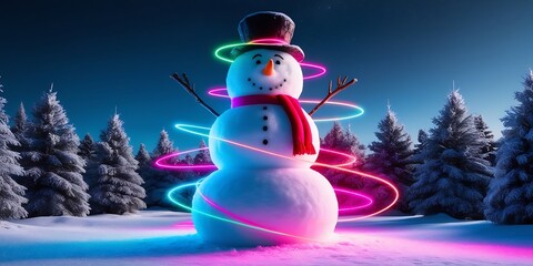 Fototapeta premium Festive Snowman with Sparkling Hat and Scarf Amidst Glowing Snowflakes in Winter Wonderland