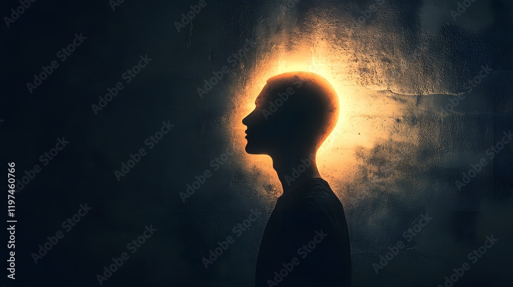 Poster silhouette of a person with a glowing aura highlighting the contours of the head against a dark back
