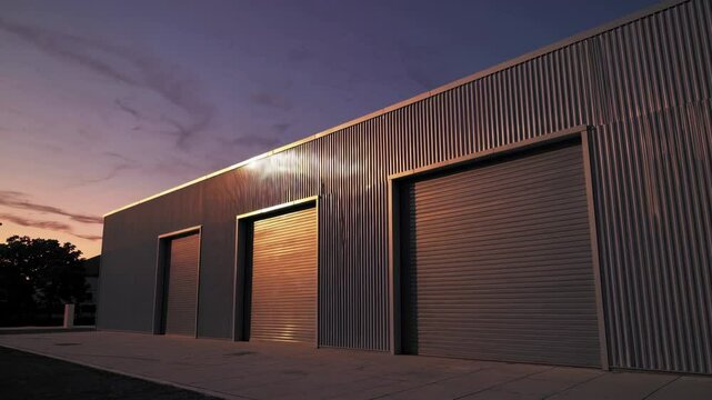 warehouse exterior with sleek gray metal cladding and large garage doors at sunset