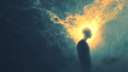 Obraz premium Ethereal Portrait of a Silhouetted Figure with a Radiant Aura Emanating from the Head, Symbolizing Enlightenment, Creativity, and Spiritual Awakening in Abstract Art