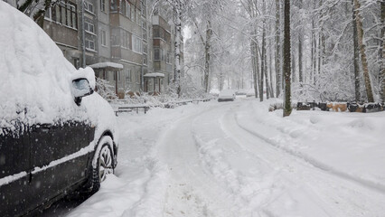 The courtyard of a multi-storey residential building on a winter day after a snowfall. Cars, road, tree branches are covered with snow. Background.