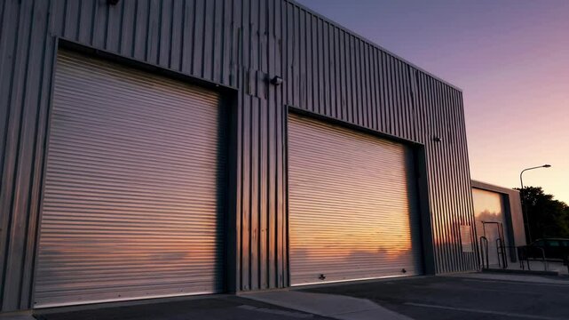 warehouse exterior with sleek gray metal cladding and large garage doors at sunset