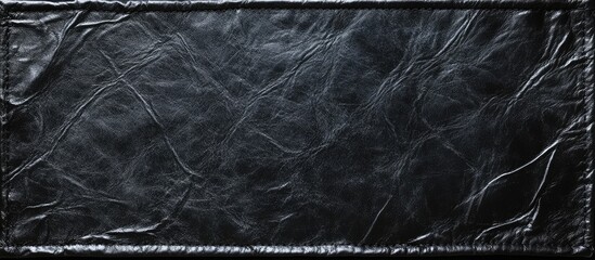 Black textured black leather background with folded wrinkles on right side featuring anti-fake protection symbol and ample empty copyspace for text