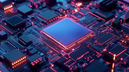 Fototapeta premium Futuristic Circuit Board with Neon Lights and Microchips Detail