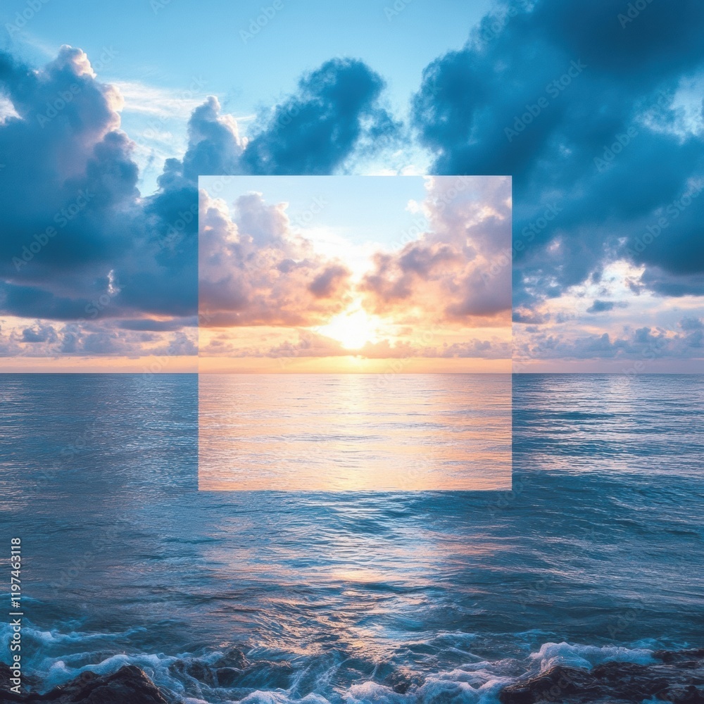 Poster Beautiful ocean sunset view with copy space for text and bright colors reflecting on the water at twilight. Generative AI