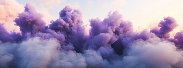 Fototapeta premium Vibrant purple and white smoke clouds billowing against a pastel sky with ample copy space for text placement