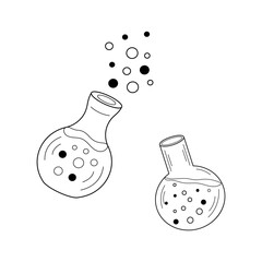 Magic Bottle, Glass flask bubbles inside and outside. Vector illustration Alchemical elixirs, potions, liquids different. Thema magic, medicine, alternative therapy.