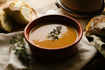 Hot soup garnished with fresh thyme served with crusty bread on a wooden table in a cozy kitchen setting