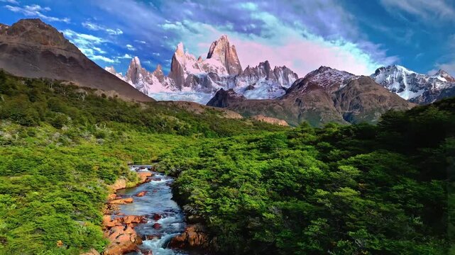 Aerial footage of Mount Fitz Roy and mountain river morning view in Patagonia, Argentina