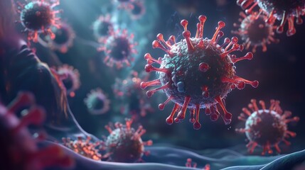 3D illustration of coronavirus particles in a human body environment with Copy Space for text. Scientific background of COVID-19 cells.