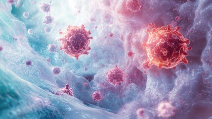 Close-up view of virus particles in a human body with detailed cellular structures and vibrant colors Copy Space