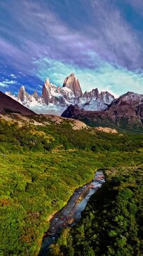 Aerial footage of Mount Fitz Roy and mountain river morning view in Patagonia, Argentina
