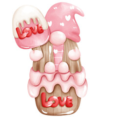 Valentine's Day Gnome holding ice cream sitting on a cupcake