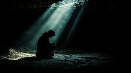Fototapeta premium Lone Person Kneeling in Dark Cave with Light Breaking Through from Above