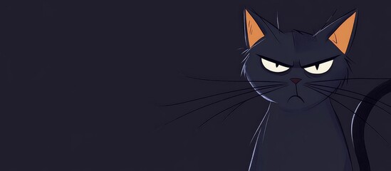 Obraz premium Large black cat displaying a scowling expression against a dark background with ample copyspace for customizable text options.