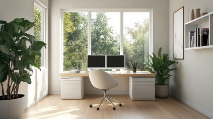 A stylish home office setup with dual monitors, minimalist decor, and a large window providing natural light.