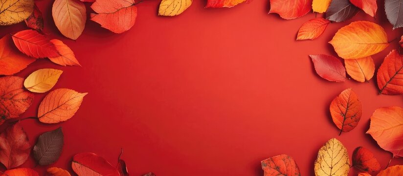 Autumn Themed Black Friday Sale Banner Featuring Vibrant Red Background Surrounded by Orange and Yellow Fallen Leaves with Copyspace for Text