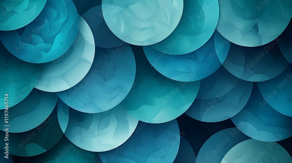 Poster overlapping teal and blue abstract circles creating a layered pattern