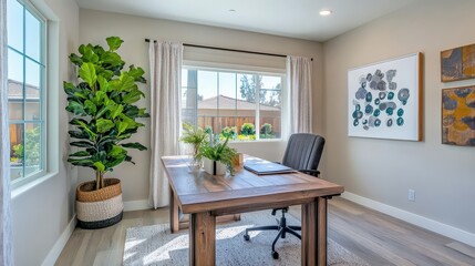 Fototapeta premium A stylish home office with a wooden desk, indoor plants, and inspirational wall art enhancing productivity.