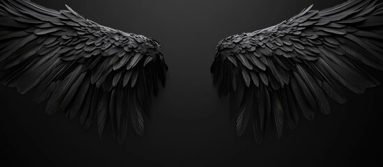 Elegant Black Glossy Background Featuring Symmetrical Angel Wings with Generous Copyspace for Text in a Minimalistic Aesthetic Setting