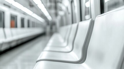 Empty subway train interior with white seats and hallucinatory perspective, showcasing an atmosphere of solitude and urban architecture. Copy Space available.