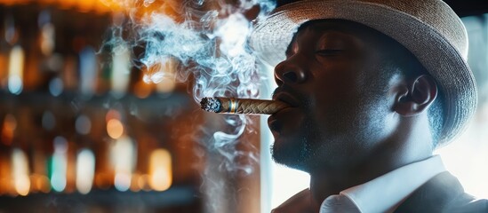 Black man with cigar wearing hat in upscale shop interior with smoke and bar shelves blurred in background and empty copyspace for text