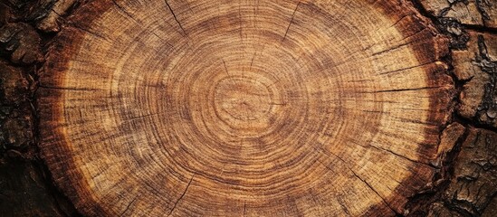 Naklejka premium Rustic brown tree trunk bark close-up showing natural wooden texture with concentric rings and empty space for text in a warm earthy setting