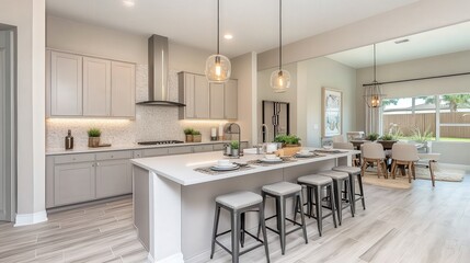 A stylish kitchen island with bar stools, pendant lighting, and a backdrop of sleek cabinets.