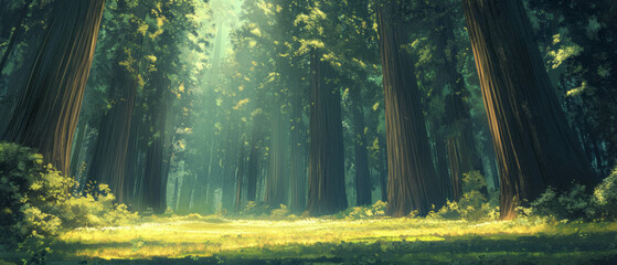 Obraz premium Majestic redwood trees stand tall in a lush green forest under soft sunlight