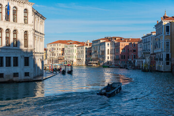 Grand Canal in Venice with Historic Facades and Boat Movement