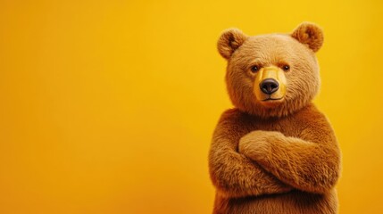 Brown bear character with crossed arms standing against a bright yellow background with Copy Space suitable for text placement.