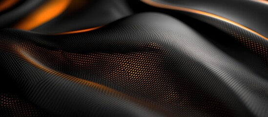 Naklejka premium Black Gray and Orange Metallic Fabric Texture with Smooth Folds and Warps in a Dimly Lit Setting Ideal for Text Overlay and Branding