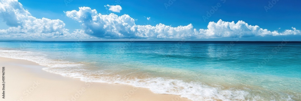Poster bright blue ocean meets soft sandy beach under a clear sky with fluffy clouds and gentle waves suita