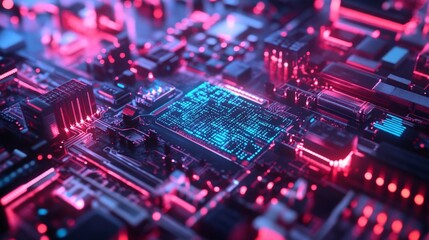 Fototapeta premium Close-Up View of Futuristic Circuit Board with Neon Lights Effects